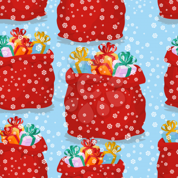 Bag with gifts seamless pattern. Christmas background red sack Santa Claus. Snowfall and holiday texture.
