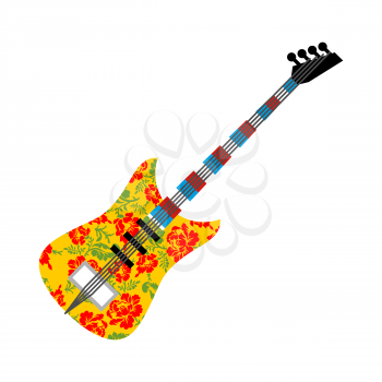 Russian national guitar. Musical instrument and traditional pattern Khokhloma. Russian flag on fretboard electric guitar