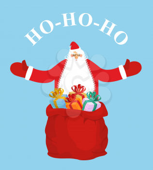 Santa Claus and gift bag. HO-HO-HO. Jolly Santa wishes you  happy Christmas. New year postcard, poster. Santa spread his hands.

