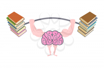Pumping up brains. Strong brain with big muscles are engaged in post from books. Fitness fo mind. Brain and books. Use reading to the person. Vector illustration