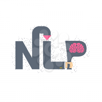 NLP logo and emblem. Hand holding a letter with brain. Vector illustration
