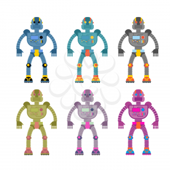 Set colored robots. Retro mechanical toys. Vintage space cyborgs

