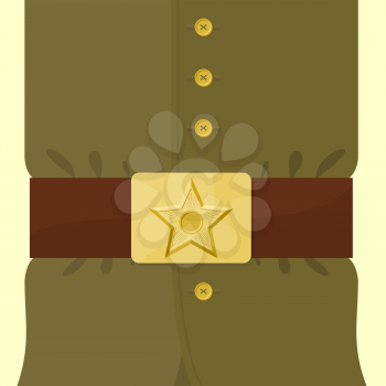 Soldiers retro clothing. Strap and buckle with star. Vintage military uniform. Green uniforms of  Russian soldier. Illustration for 23 February and 9 May.
