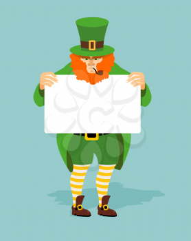 Leprechaun and Billboard. Red dwarf and  white sheet of paper. Mythical Irish character in green clothing. Striped yellow socks and old shoes. Leprechaun for St. Patrick's Day March 17
