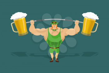 leprechaun is strong. Powerful leprechaun and barbell with mugs of beer. Irish athlete keeps big pints of ALE. Leprechaun athlete. Character for St. Patrick's day in Ireland