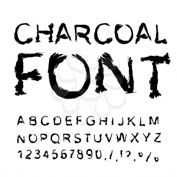 Charcoal font. Letters from charcoal. Black tattered alphabet. Imitate shapes of letters trace piece of coal. Manual alphabet. Coal texture letter
