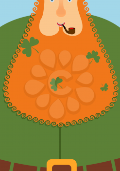 Good leprechaun.. Portrait of cheerful old man with Red Beard. Green frock coat and belt. Clover in big beard. Character for St. Patricks Day March 17
