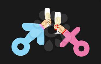 Male sign and female sign. Drink wine. Hands holding glasses of champagne. Romantic illustration