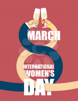 8 March. International womens day. Man and woman in romantic setting. Drink glass of champagne. Plexus hands. Greeting card for holidays. Female hand and mens hand. Hand of  businessman in a business 