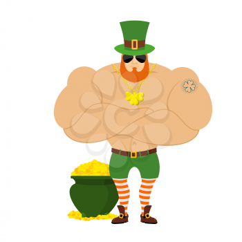 strong Leprechaun. Powerful big leprechaun in Green Hat. Bodybuilder in Red Beard. Sports man with big muscles. Powerful leprechaun and pot of gold. Tattoo four listnyj clover. Serious Leprechaun in d