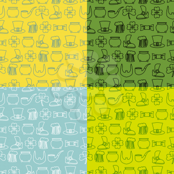 Patricks Day seamless pattern. Set of backgrounds fo  holiday in Ireland. Pot of gold and four lfour leaf clover. Mug of beer and an old shoe. Leprechaun beard and hat cylinder. Ornament for 17 March
