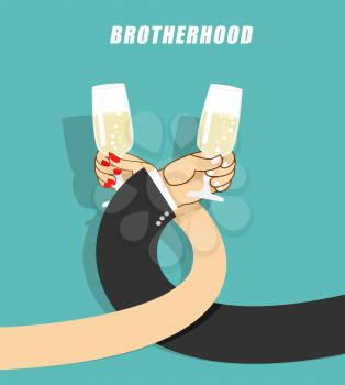 Brotherhood to drink alcohol. Man and woman drinking champagne. Goblets with sparkling wine. Mens hand in jacket. Female hand. Coiling hands. First date.
