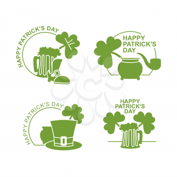 Happy Patricks day emblem Set . Green clover and pot with wealth. Beer mug and pipe. Hat cylinder. Accessories for St. Patrick's day in Ireland
