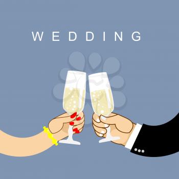Wedding. Newlyweds clink glasses. bride and groom drink wine from wine glasses. Romantic illustration
