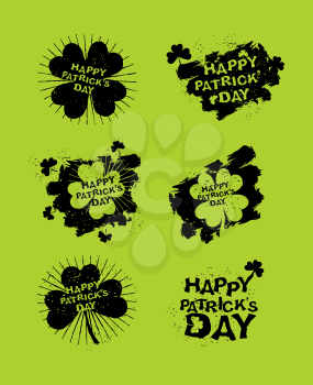 happy Patricks day set of emblems. Logos for Irish grunge holiday. Four listnyj for lucky Clover. Shamrock. Brush stroke. St. Patrick's Day celebration in Ireland

