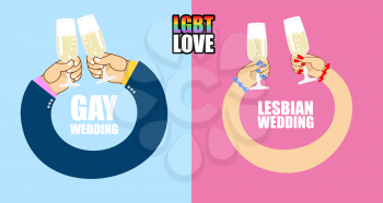 LGBT love. LGBT wedding. Character set for wedding of gays and lesbians. Mens hands to drink champagne. Womens hands and glass of white sparkling wine. Symbol of same-sex wedding
