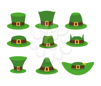 Green Hat leprechaun. Leprechaun hat, Green Hat isolated on white. Leprechaun Hat. Set of headgear for holiday in Ireland. Traditional holiday March 17
