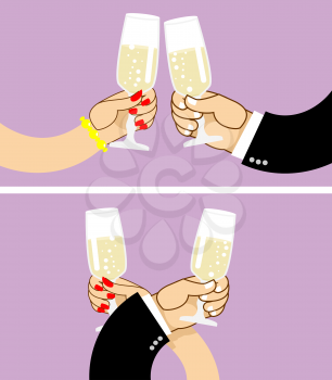 Brotherhood to drink wine. first vidanie. Man and woman drinking champagne from glasses. Clinking of glasses. Mens hand in suit jacket. Female hand necklace
