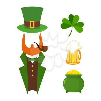  Patricks day set of elements. Green clover. Mug with beer. Big Green pot of gold. Treasures of leprechaun. Leprechaun Hat cylinder. National Irish holiday St. Patrick's day
