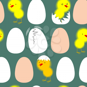Egg and chicken. Chicks in their shells. Vector seamless pattern for baby tissue.
