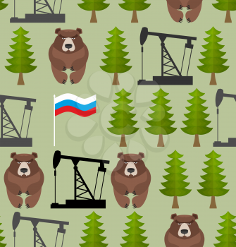 Russian seamless pattern. Bears and forest. Oil rig and a Russian flag. Patriotic background. Vector illustration