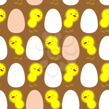 Yellow chickens and white eggs. Vector seamless pattern of small birds.
