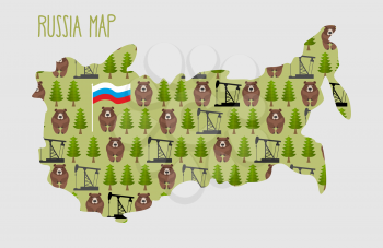  Russia Map  with minerals and flora: an oil rig and the forest, and brown bears. Vector illustration
