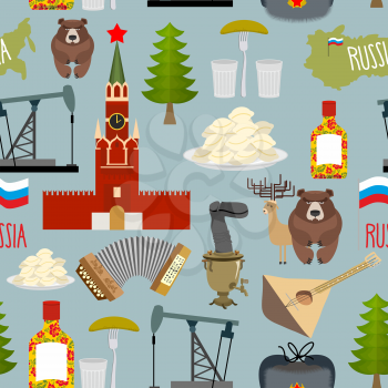 Russia sightseeing seamless pattern. The Moscow Kremlin and the Samovar, oil pump and squeeze. Ushanka and balalaika. Vector background of  Russian Federation.