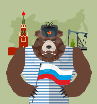 Bear with ear flaps with  flag of Russia. Background of  Moscow Kremlin and oil rigs. Vector illustration