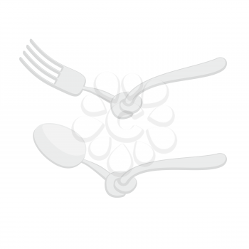 Spoon tied knot. Fork with node. It is impossible to eat. Cutlery for dieting. Allegorical figure for those who want to go on a diet. Vector illustration.