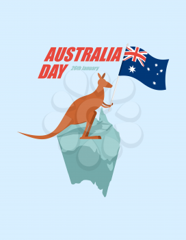 Day Australia. Patriotic holiday State. Kangaroos and Australian flag. Map of Australia and marsupial.
