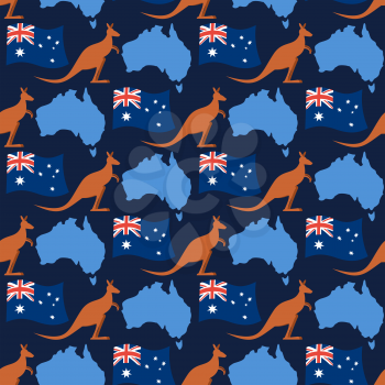 Australia day seamless ornament. Kangaroos and flag of Australia. Continent map of State of Australia.
