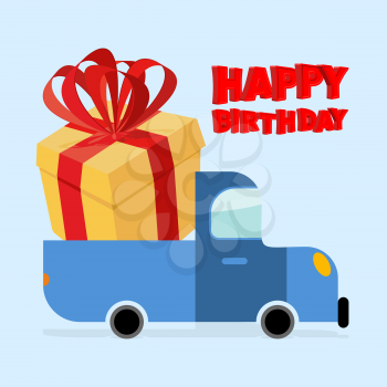 Happy birthday. Truck carries large gift box. Yellow gift box with red bow. Big surprise for birthday. Car and gift box.
