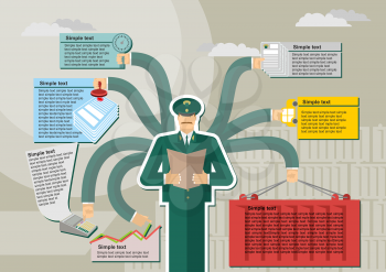 Russian Customs Service infographic. Kntejner, weigh, report. Working time. Man in uniform.
