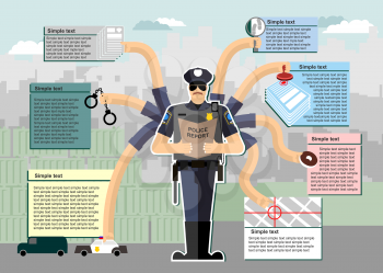 Police infographic. Police at work. Working time. Service in the police. Investigation, arrest, Chase, crime, search, donut. Man in uniform