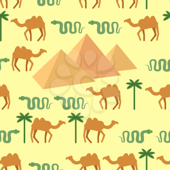 Egypt. Seamless pattern Characters of Egypt: pyramids and camels. Palm and snake. Vector background.
