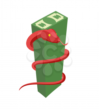 Red Snake encircles large pile of money. Cobra and dollars. Dangerous reptile protects cash. Vector illustration
