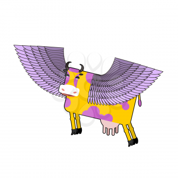 Cow with purple wings. Flying animal. vector illustration. Fantastic mammal.
