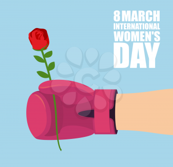 8 March. Mens hand gives rose to holidey. Strong hand of athlete and flower. Red Boxing Glove and red rose. Symbol of love and affection. International womens day.
