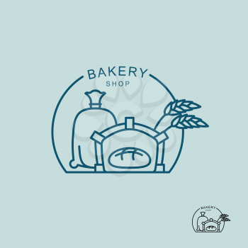 Bakery shop logo. Sack of flour and the stove. Fresh bread in oven. Ears of wheat. Logo for private bakery
