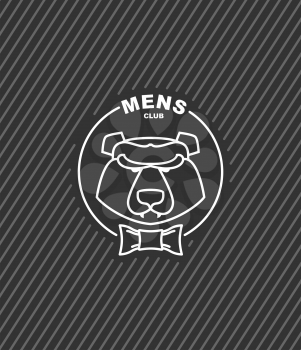 Mens Club logo bear with bow tie. Gentlemanly club for hipster. Wild animal with teeth
