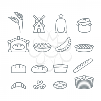 Bakery line icons. Bread and baguette. Food of dough. Pancakes and wheat ears. Production of bread and flour products
