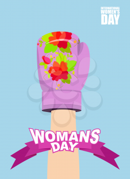 Womens day. 8 March. Female hand in Boxing Glove. Up-hand posture. International womens day. Symbol of struggle and victory