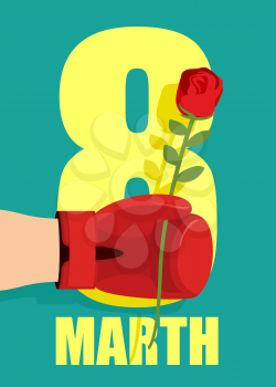 8 March. Red rose as gift for holiday. Mens hand and Boxing Glove. Strong man gives flower for women. International womens day.
