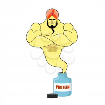 Protein strong Genie. Genie departs from banks with sports nutrition. Mythical man with big muscles. Spirit of Bodybuilder in turban. Fulfilling desires pumping muscle.