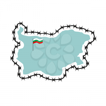 Map Of Bulgaria. Map of States with barbed wire. Country closes  border against refugees. European country protects its borders. Bulgarian flag. Surrounded by perimeter fence