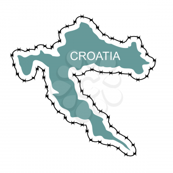 Map Of Croatia. Country closes   border against refugees. Map of States with barbed wire. European country protects its borders. Surrounded by  perimeter fence