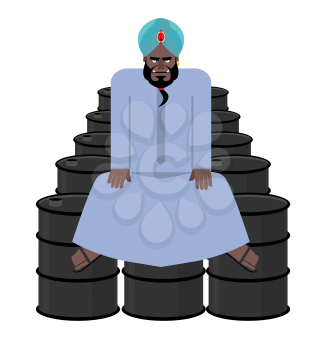 Sheikh sits on  barrels of oil. Wealth of  Sultan. Arabic man has treasure of oil.
