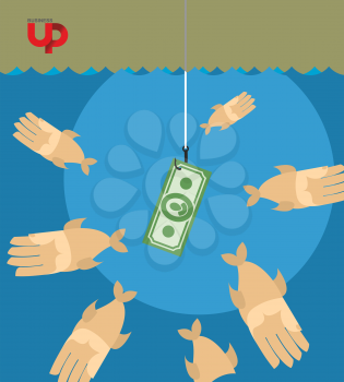 first among competitors. Money on a hook. Fish and
 money. hand is holding the money Hands are drawn to money. Business illustration