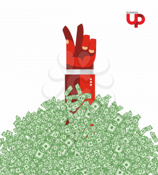 Hand and money. The hand of the winner in a heap of money. Business illustration